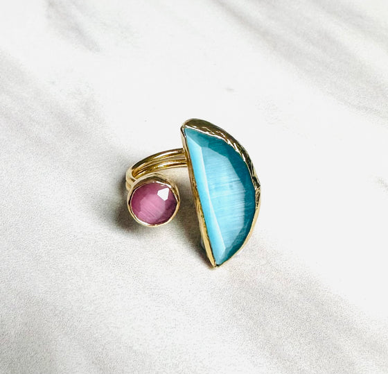 Blue and Pink Half Moon Ring
