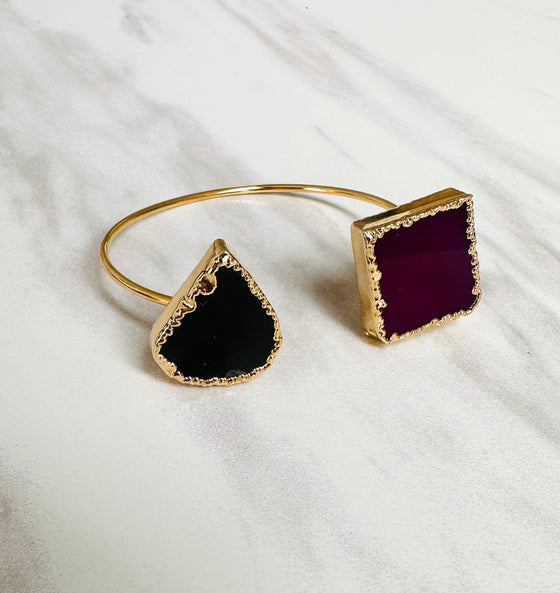 Sevda Teardrop Black Onyx and Square Pink Agate Bangle