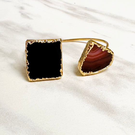 Sevda Black Square Onyx and Teardrop Brown Agate Bangle