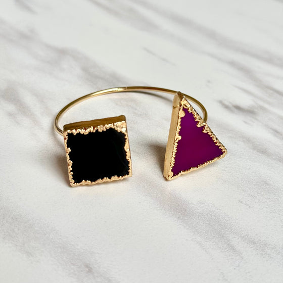 Sevda Square Black Onyx and Triangle Pink Agate Bangle