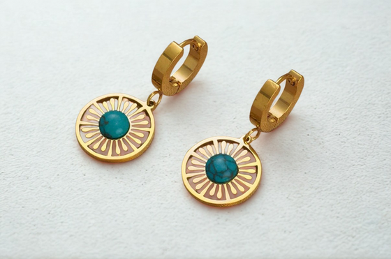 Turquoise Sunburst Gold Hoop Earrings