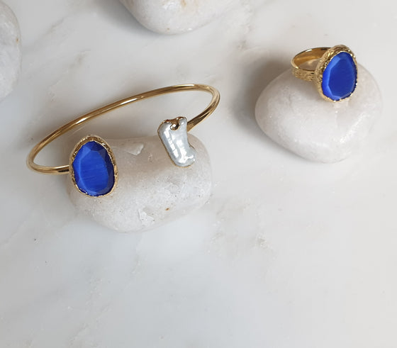 Royal Blue Cat's Eye and Pearl stone  Set