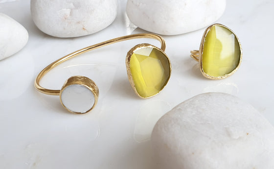 Yellow Cat's eye and Pearl bangle and ring set