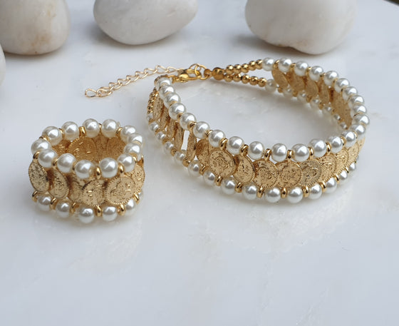 Pearl Coin Bracelet and Elasticated Ring