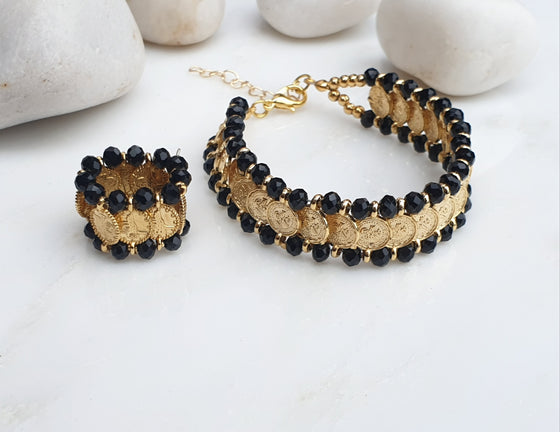 Black Coin Bracelet and Elasticated Ring
