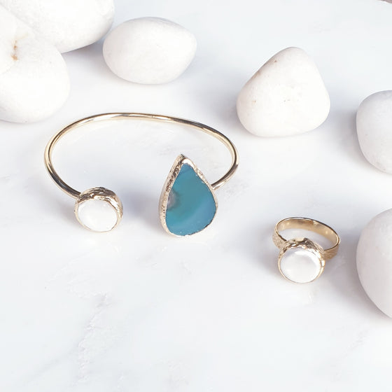 Teardrop Agate  Pearl  bangle and Ring set