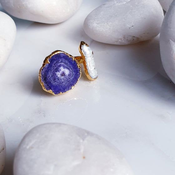 Purple Agate and Pearl Ring