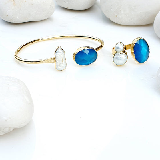 Oval Blue Cat's Eye and Pearl ring and bangle set