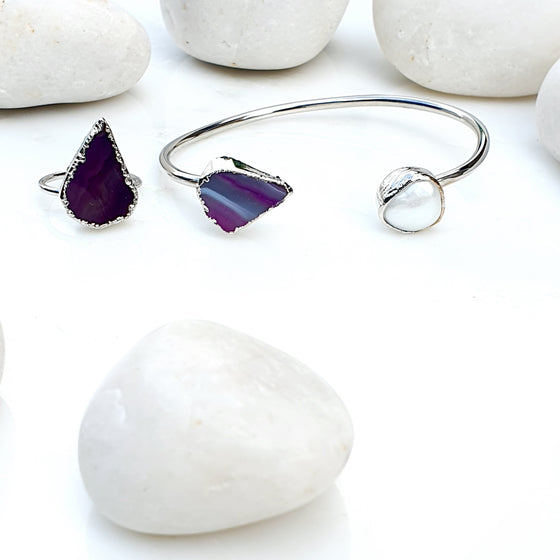 Teardrop Dark Purple Agate Pearl  bangle and Ring set