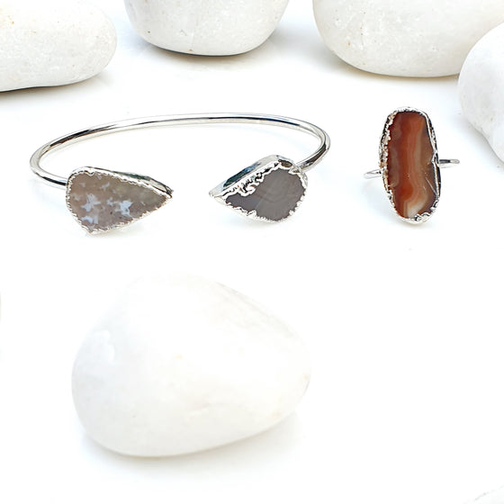 Silver Brown Agate  Bangle and Ring set