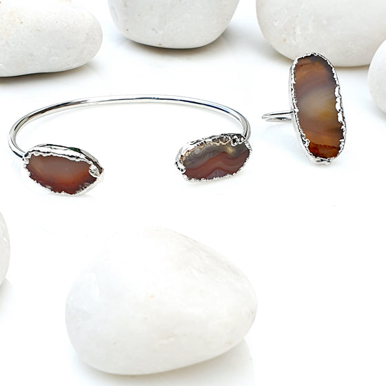 Silver Brown Agate   Bangle and Ring set