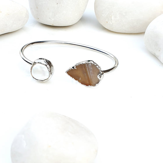 Silver Brown Agate and Pearl Bangle