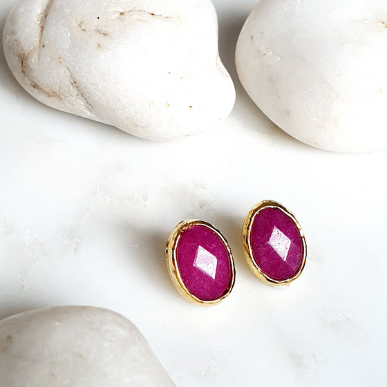 Oval Pink Jade Studs