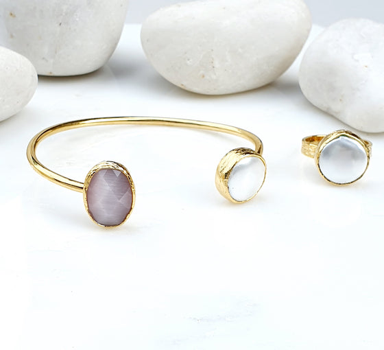 Pink Oval Cat's eye and Pearl Bangle and Ring Set