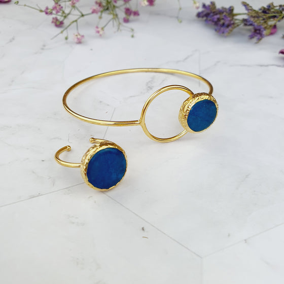 Saira Round Blue Jade Bangle and Ring Set