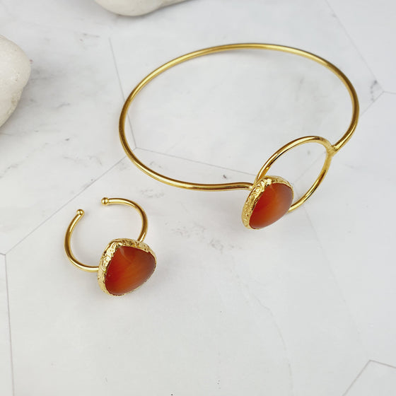 Saira Teardrop Orange Cat's eye Bangle and Ring Set