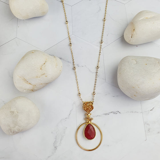 Sufia  Teardrop Red Jade Pendant Necklace