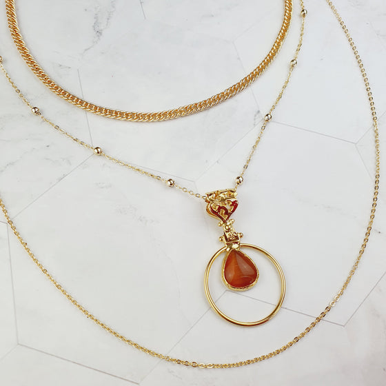 Saira Teardrop Orange Cat's eye layered Necklace