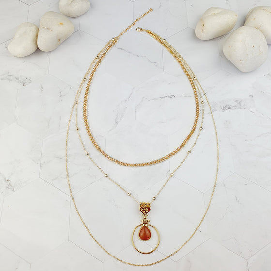 Saira Teardrop Orange Cat's eye layered Necklace