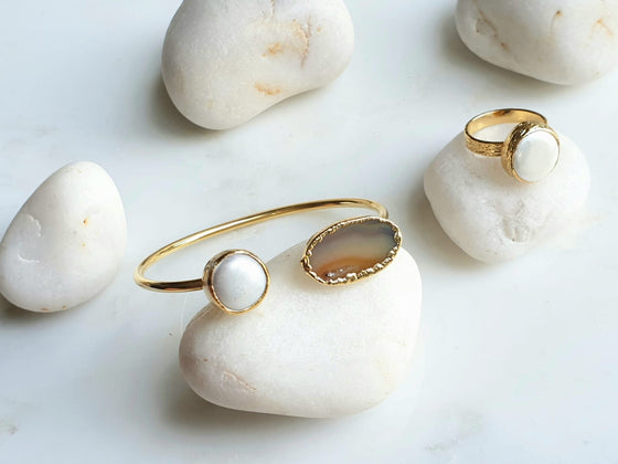Sunset Orange Agate and Pearl bangle and ring set