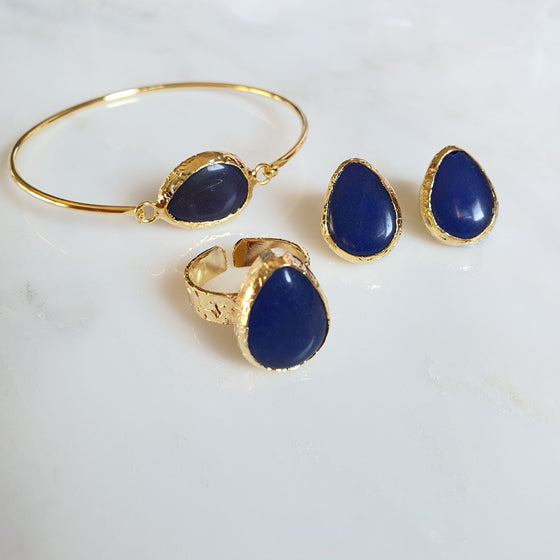 Navy Agate earrings, Ring and Bangle set
