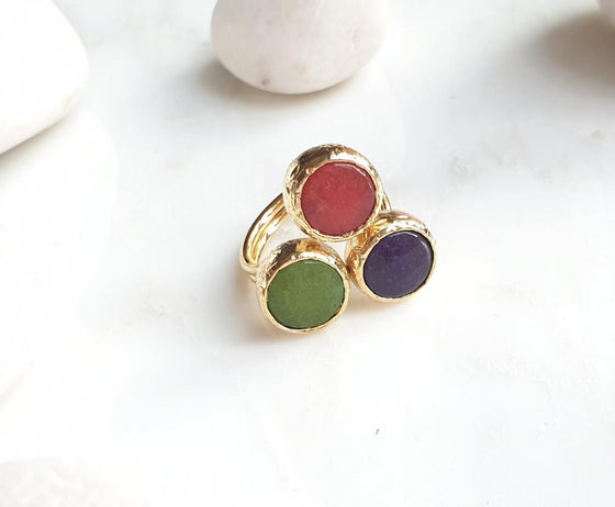 Red, Green and Purple Jade three stone ring