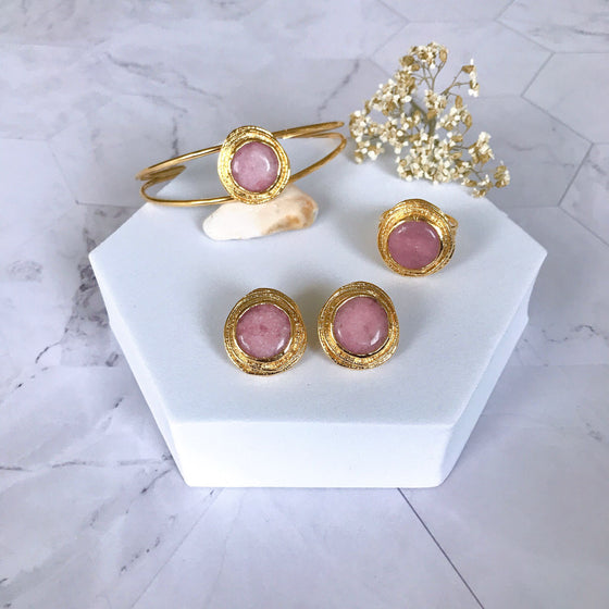 Valideh Sultan Pink Jade Bangle, Ring and Earrings set