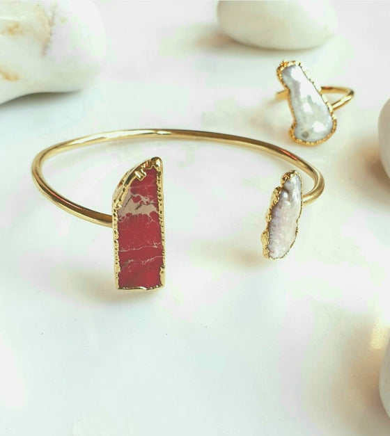 Red Variscite and Pearl bangle and ring set