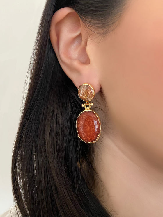 Carnelian and Clear Crystal Quartz 2 Stone Drop Earrings