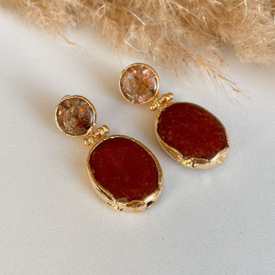 Carnelian and Clear Crystal Quartz 2 Stone Drop Earrings